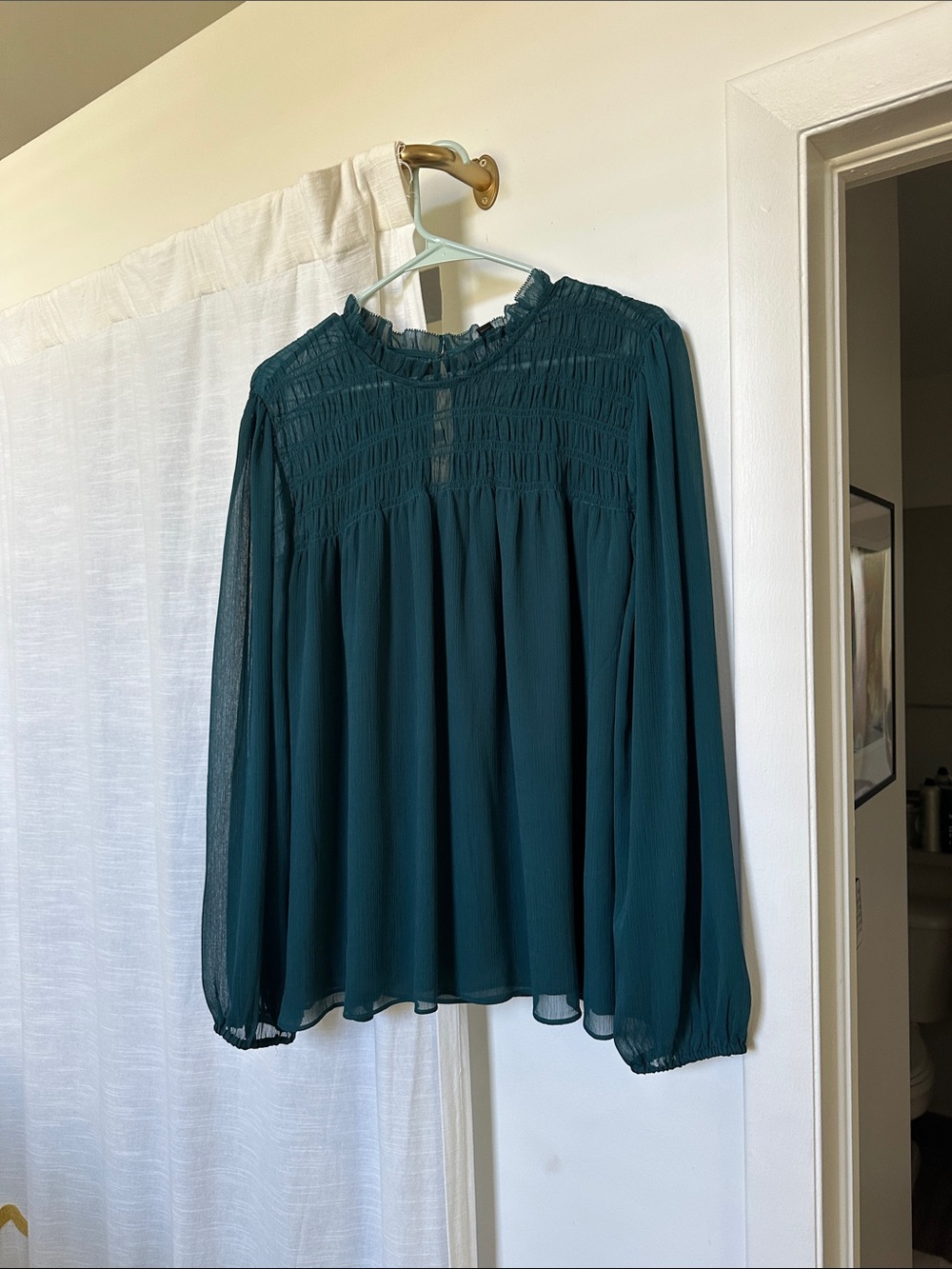 Banana Republic Teal Smocked Yoke Long-Sleeve Blouse